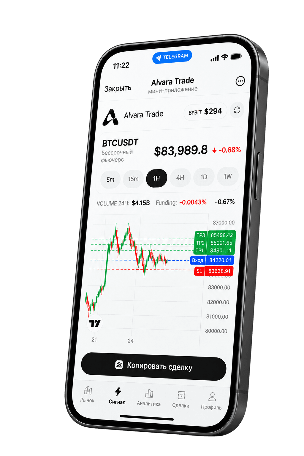 Alvara Trade Telegram bot showing a BTC trade setup on a phone